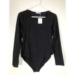 MANGOPOP Bodysuit Women Crew Neck Long Sleeve T Shirt Jumpsuit Black Sz Medium